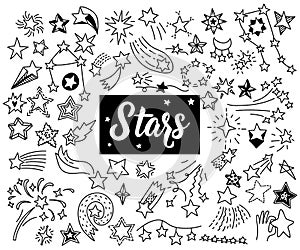 Big set of stars. Vector illustration in doodle style. Isolated on a white background