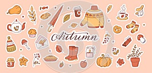 Big set of sticker with autumn elements in doodle style.