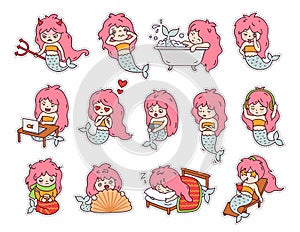 Big set of stickers and emoji with funny little mermaids.