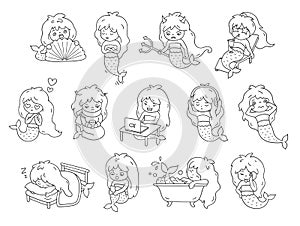 Big set of stickers and emoji with funny little mermaids. Cartoon characters with different facial expressions.