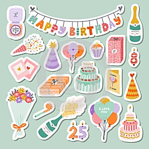 Big set of stickers with hand drawn birthday clipart for planners, notebooks. Ready for print list of cute stickers