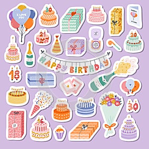 Big set of stickers with hand drawn birthday clipart for planners, notebooks. Ready for print list of cute stickers