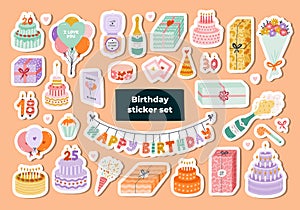 Big set of stickers with hand drawn birthday clipart for planners, notebooks. Ready for print list of cute stickers