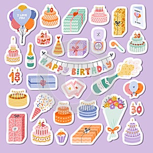 Big set of stickers with hand drawn birthday clipart for planners, notebooks. Ready for print list of cute stickers. Trendy