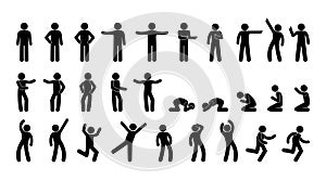 Big set of stickman icons, stick figure people in various poses, gestures and human movements, human silhouettes