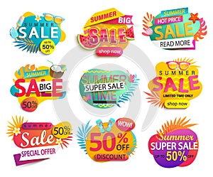 Big Set of summer sale and discounts stickers.