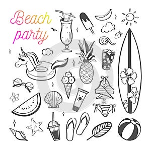 Big set of Summer vector design doodle elements. Beach collection, tropical fruits, swimsuit, surfing