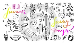 Big set of Summer vector design doodle elements. Beach collection, tropical fruits, swimsuit, surfing