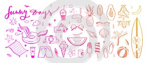 Big set of Summer vector design doodle elements. Beach collection, tropical fruits, swimsuit, surfing. Hand drawn