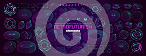 Big set trendy cyberpunk and retrofuturism elements, Postmodern abstract geometric wireframe and vaporwave shapes of different