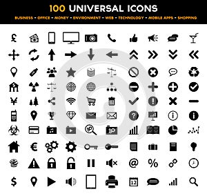 Big set of 100 universal black flat icons - business, office, finance, environment and technology