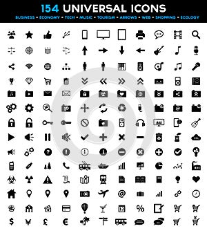 Big set of universal black flat icons - tourism, music, media, business, web, shopping, technology and environment