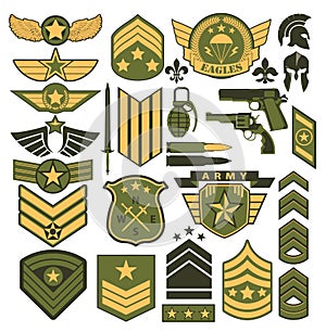 Big set of of US Army badges, wings, ranks, patches. Complete military patch set for fashion company or garments industry