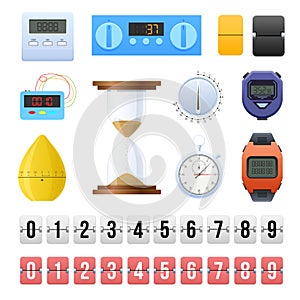 Big set of various digital, mechanical clocks, timer, countdown counters.