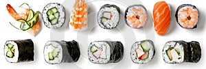 Big Set of Various Maki Sushi Isolated on White Background Top View. Baked Norimaki Rolls