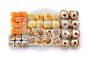 Big Set of Various Maki Sushi or Norimaki Rolles Top View