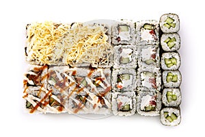 Big Set of Various Maki Sushi or Norimaki Rolles Top View