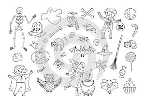 Big set of vector black and white Halloween elements. Traditional Samhain party clipart. Scary collection with jack-o-lantern,