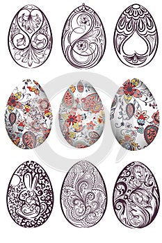Big set of vector Easter eggs decorated with swirls