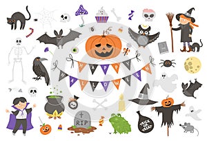 Big set of vector Halloween elements. Traditional Samhain party clipart. Scary collection with jack-o-lantern, spider, ghost,