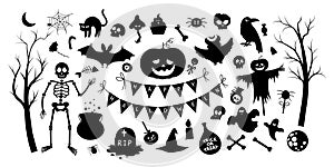 Big set of vector Halloween silhouette elements. Traditional Samhain party black and white clipart. Scary shadow collection with