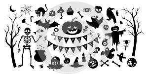 Big set of vector Halloween silhouette elements. Traditional Samhain party black and white clipart. Scary shadow collection with photo