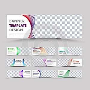 Big set of vector horizontal white web banners with wavy abstract color lines and photo labels