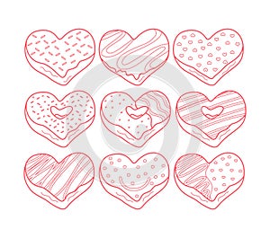 Big Set of Vector illustration of Heart Shaped Donuts collection with toppings in line art design style. sweet and delicious food