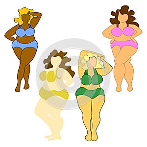 big set of vector illustrations - plus-size concept, positive body, no diets. Love your body at any weight. Girls with big breasts