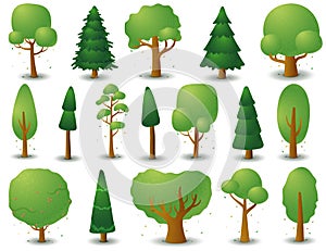 Big set of vector silhouettes of deciduous and coniferous trees. Game UI flat. Stylized spruce for logo, games or cards