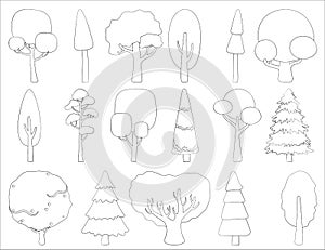 Big set of vector silhouettes of deciduous and coniferous trees. Stylized contour for logo clothing, tattoo or card