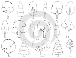 Big set of vector silhouettes of deciduous and coniferous trees. Stylized contour for logo clothing, tattoo or card