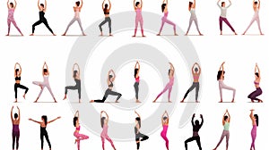 Big set of vector silhouettes of woman doing yoga exercises.