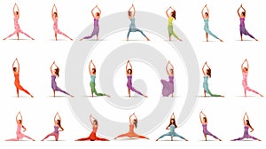 Big set of vector silhouettes of woman doing yoga exercises.