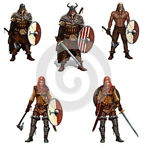 Big set of viking warriors with shields and swords and axes isolated realistic illustration.