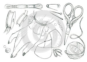 Big set of vintage graphite pencil sketches: elegant girl hand, scissors, thread, tape, lace, pins and needles on white.