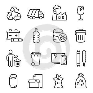 Big set of waste sorting, recycling thin line icons isolated on white. Garbage collection outline pictograms.