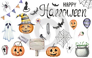 Big set of watercolor symbolics for Halloween on a white photo