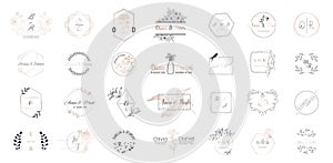 Big set of Wedding monogram logos collection, hand drawn modern minimalistic and floral templates for Invitation cards
