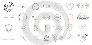 Big set of Wedding monogram logos collection, hand drawn modern minimalistic and floral templates for Invitation cards