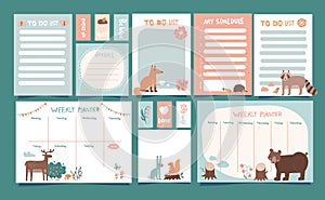 Big set of Weekly planner, tag, schedule and to do list with cute forest wild animals . Vector hand drawn illustration