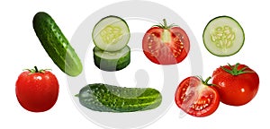 Big set of whole vegetables and pieces of cucumber and tomato isolated on white background. Images for packaging design of