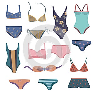 Big set of woman swimwear, swimsuits and bikinis.