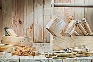 Big set of woodworkers tools on wood background photo