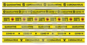 Big Set of yellow caution tape with Quarantine, Covid-19, Coronavirus written on it. Warning sign of outbreak. Vector illustration