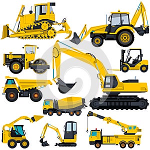 Big set of yellow heavy machines - ground works