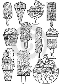 Big set of zendoodle design of ice cream for design element, adult or kids coloring book page. Vector illustration.