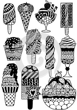 Big set of zendoodle design of ice cream for design element, adult or kids coloring book page. Vector illustration. photo