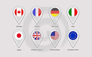 Big seven flags maps pins isolated icons vector illustration. G7 states location point, signs shapes. Official symbols photo