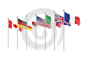 Big Seven. G7 flags Silk waving flags of countries of Group of Seven Canada, Germany, Italy, France, Japan, USA states, United